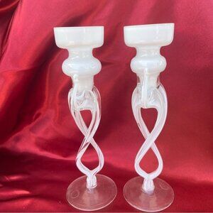 Italian Cello Jellyfish Art Hand Blown Glass Twisted Stem Candlesticks